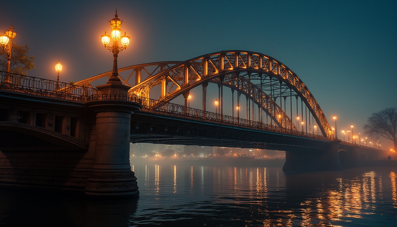 Prompt: Art Deco bridge, curved lines, geometric patterns, metallic materials, ornate lamps, luxurious railings, grand arches, steel beams, urban cityscape, nighttime scenery, streetlights reflected on water, misty atmosphere, soft golden lighting, low-angle shot, dramatic composition, bold vibrant colors, intricate details, majestic pillars, ornamental metalwork, river flowing underneath.