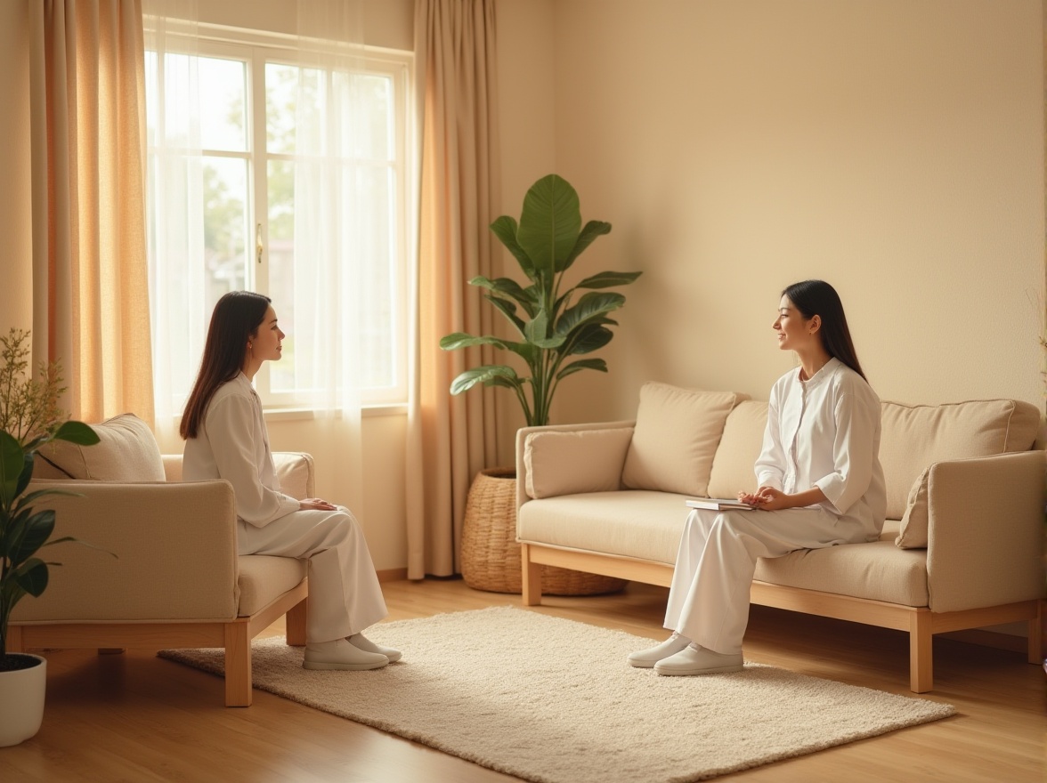 Prompt: Calming beige therapy room, soft natural light, warm wooden furniture, gentle curves, plush beige couch, matching armchair, subtle patterned rug, peaceful plants, serenity-inducing water feature, gentle trickle sound, minimalist decor, creamy beige walls, soft fabric drapes, warm beige flooring, cozy atmosphere, soothing ambiance, healing environment, professional psychologist, calm patient, seated posture, gentle facial expression, relaxed body language, warm lighting, shallow depth of field, comforting composition.