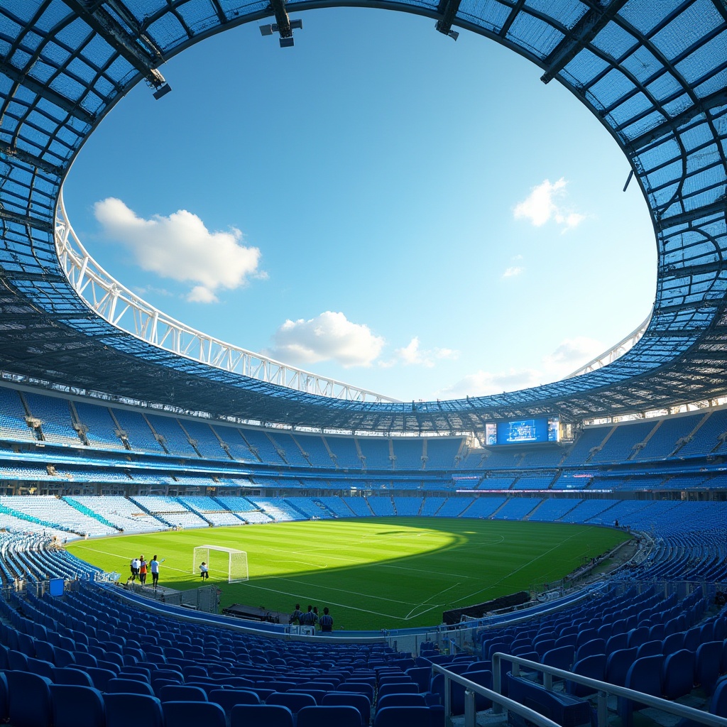 Prompt: Modern stadium, blue dome-shaped roof, sleek glass façade, curved lines, vibrant blue seats, LED scoreboard displaying dynamic graphics, lush green grass field, white goalposts, blue and white striped referee uniforms, clear blue sky with few white clouds, sunny afternoon, dramatic shadows, 3/4 composition, cinematic lighting, high-angle shot, urban landscape in the background.