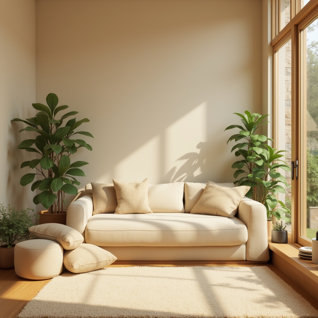 Prompt: Calming beige interior, healing space, therapist's office, comfortable couch, soft cushions, gentle lighting, plants with green leaves, wooden shelves, natural textures, earthy tone walls, warm beige carpet, minimal decor, peaceful atmosphere, soft focus, shallow depth of field, calming color palette, serene ambiance, natural light pouring in through large windows, outdoor garden view, subtle shadows, quiet and intimate setting.