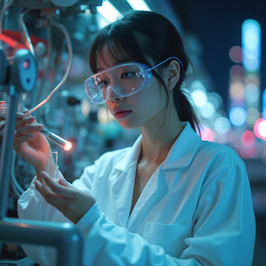 Prompt: Modern designer, polycarbonate material, futuristic laboratory, white coat, goggles, sleek hair, minimal makeup, slender fingers, holding sample, transparent tube, various machinery, metallic structures, LED lights, cityscape background, night scene, neon lights reflection, cinematic composition, shallow depth of field, vibrant colors, soft focus, 3/4 angle, product design concept, innovative, high-tech ambiance.