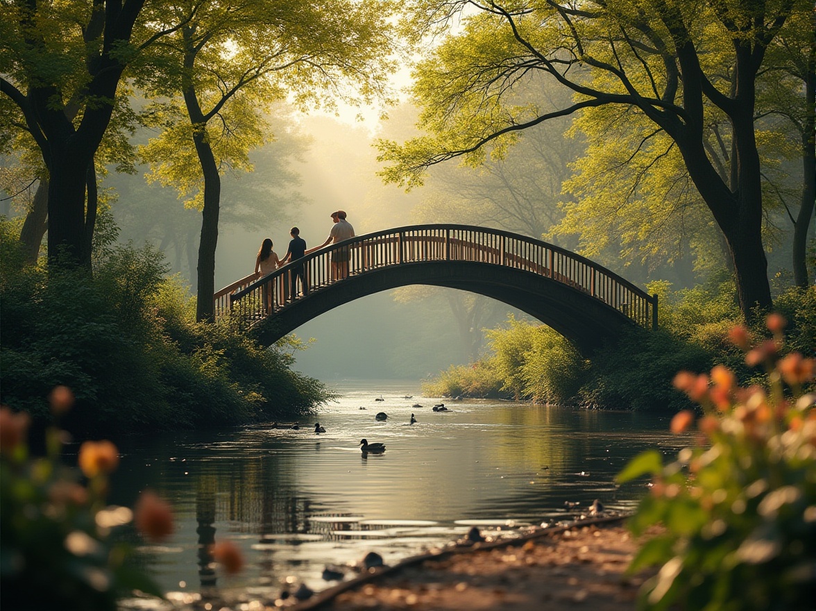 Prompt: Pedestrian bridge, curved shape, wooden material, rustic texture, blending with nature, surrounded by lush greenery, trees, vines, flowers blooming in vibrant colors, serene atmosphere, soft sunlight filtering through leaves, warm ambient lighting, peaceful park landscape, gentle stream flowing beneath, tranquil water reflections, ducks swimming lazily, people strolling, 3/4 composition, shallow depth of field, cinematic mood, morning or afternoon lighting.