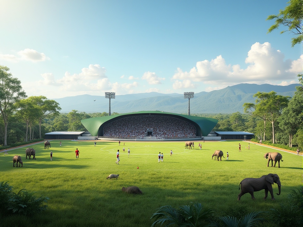 Prompt: Savanna stadium, successful case studies, modern architecture, steel structure, green roof, lush grass, tall trees, sunny day, blue sky, panoramic view, 3/4 composition, natural lighting, ambient occlusion, atmospheric perspective, warm color tone, African savanna landscape, distant mountains, wildlife roaming freely, giraffes, elephants, zebras, soccer players training, sports equipment, goalposts, stadium seats, cheering crowd, vibrant atmosphere.