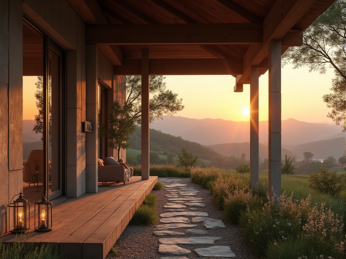 Prompt: Rural penthouse, structuralism style, modern farmhouse, large windows, wooden beams, concrete walls, minimalist decor, rustic charm, rolling hills, sunset view, distant mountains, green pastures, wildflowers, winding stone path, vintage metal lanterns, warm ambient lighting, 3/4 composition, soft focus, cinematic mood.