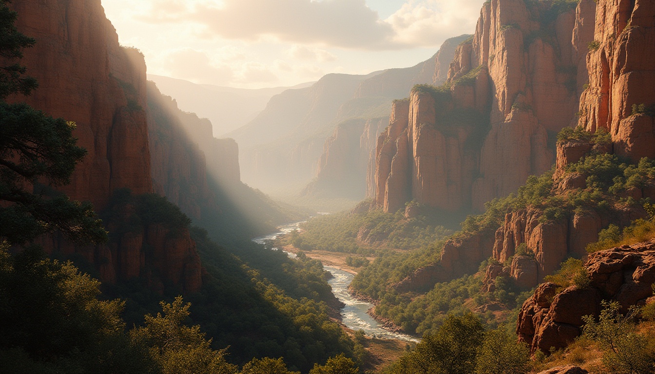 Prompt: Canyon-inspired atmosphere, breathtaking grandeur, majestic rocky cliffs, layered sedimentary rock formations, vast expansive vistas, warm golden light, soft shadows, few wispy clouds, serene peaceful ambiance, subtle mist rising from the valley floor, a meandering river flowing gently through the canyon, lush green vegetation, tall trees, rustling leaves, ancient petroglyphs adorning the rocky walls, natural earthy tones, rough rock textures, dramatic panoramic view, high angle shot, cinematic composition, warm sunlight casting long shadows.