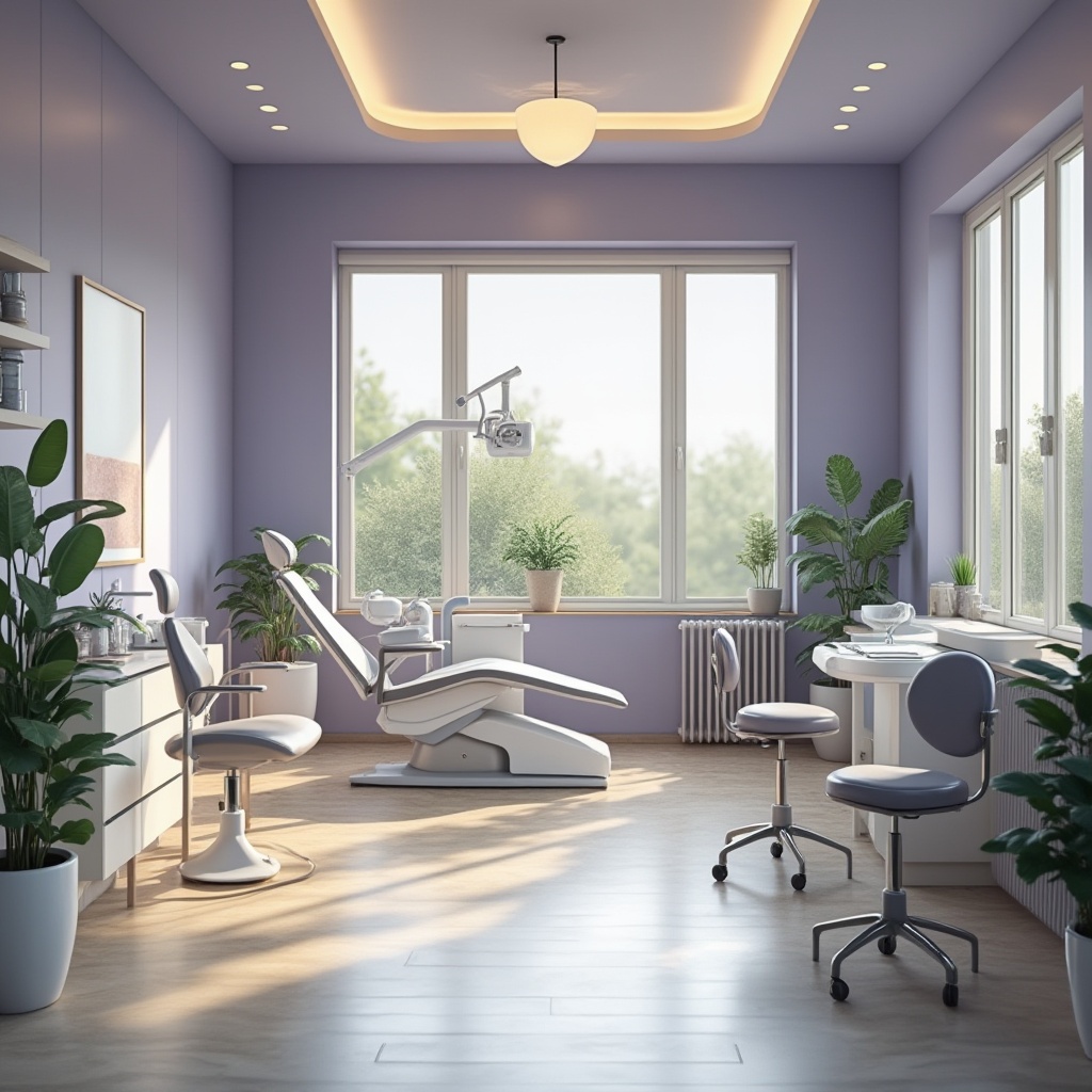 Prompt: calming dental clinic, lavendar blue walls, soothing ambiance, gentle curves, minimalist furniture, modern sleek chairs, stainless steel equipment, subtle lighting, soft shadows, 3/4 composition, warm tone, relaxing atmosphere, peaceful waiting area, gentle dentist, smiling patients, natural wood accents, cream-colored floors, large windows, outdoor greenery views, morning sunlight, subtle reflections.