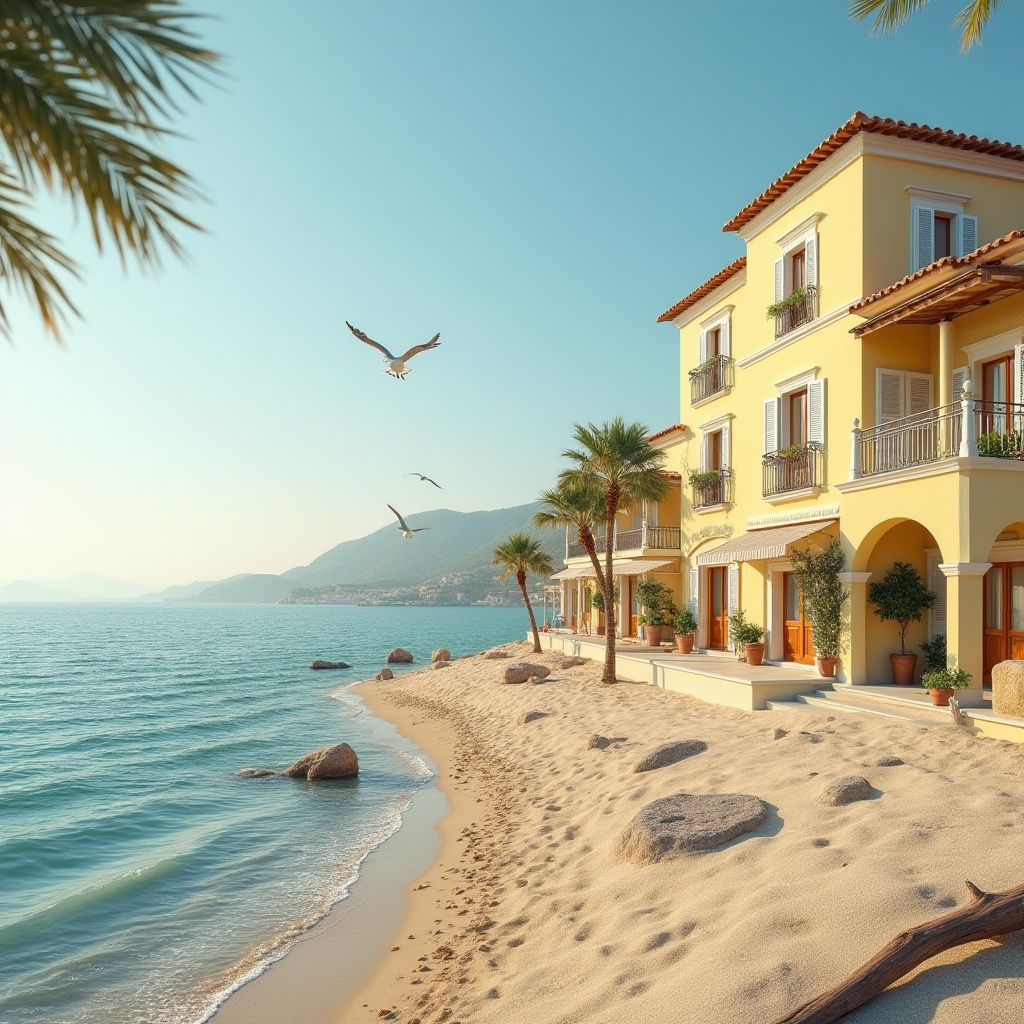 Prompt: Coastal architecture, light yellow buildings, seaside villa, curved lines, white windows, wooden doors, terracotta roof tiles, Mediterranean style, palm trees, beachside, calm ocean, clear blue sky, sunny day, warm lighting, gentle sea breeze, seagulls flying overhead, sandy beach, pebbles scattered, driftwood, natural textures, soft focus, warm color tone, peaceful atmosphere.