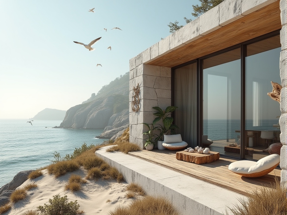 Prompt: Coastal vernacular architecture, modern concrete building, beachside, ocean view, rough stone walls, wooden accents, large windows, natural light, minimalist interior, sleek lines, modern furniture, decorative shells, driftwood decorations, coastal plants, sandy dunes, seagulls flying overhead, warm sunny day, soft focus, shallow depth of field.