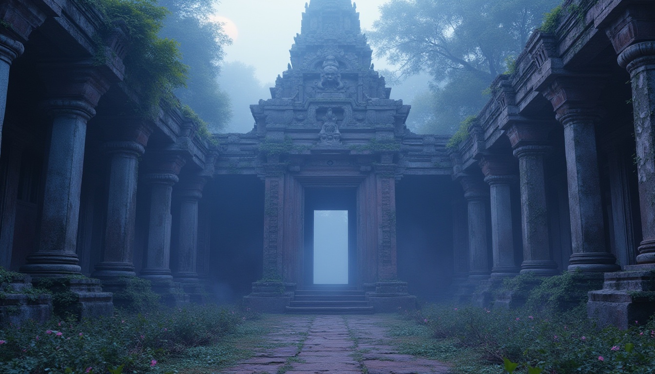 Prompt: Ancient monument, grandiose structure, intricate carvings, blue violet color scheme, ornate pillars, majestic arches, delicate stone patterns, mystical ambiance, misty morning atmosphere, soft golden lighting, dramatic shadows, overgrown with vines and moss, weathered stone surfaces, detailed textures, mysterious ancient civilization, abandoned ruins, cinematic composition, low-angle shot, foggy background, subtle mist effect.