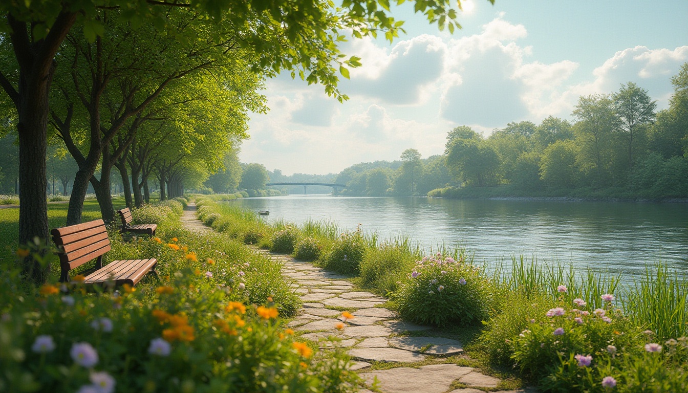 Prompt: Successful riverbank projects, lush greenery, serene waterfront, sunny afternoon, gentle breeze, rippling water, wooden benches, walking paths, vibrant wildflowers, blooming trees, tranquil atmosphere, soft natural lighting, shallow depth of field, realistic textures, warm colors, peaceful composition.