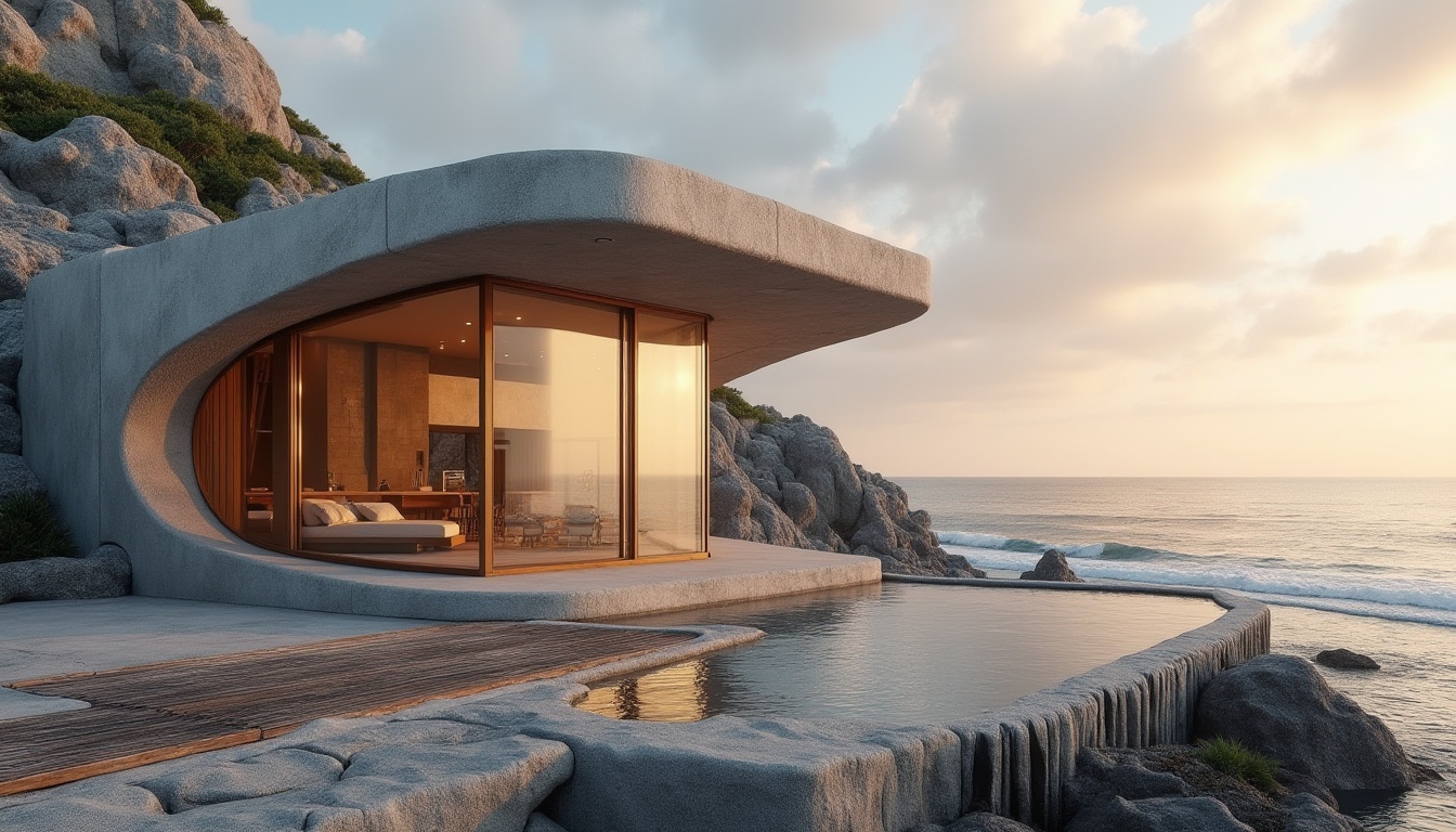 Prompt: Coastal scenery, modern architecture, Plasticrete material, textured surface, irregular shape, wave-inspired design, beachside villa, large windows, sliding glass doors, minimalist interior, concrete foundation, coral reef-inspired pillars, weathered wooden deck, ocean views, sunrise, soft warm lighting, shallow depth of field, cinematic composition.