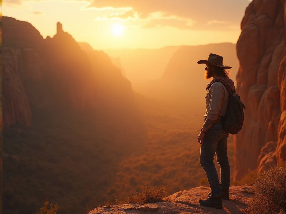 Prompt: Ethereal canyon landscape, warm orange hues at dusk, vast open spaces, majestic rocky cliffs, towering above, sparse desert trees, solitary figure in distance, wind-swept hair, rustic cowboy hat, worn denim jeans, faded bandana, standing at edge of cliff, overlooking endless valley, atmospheric mist, soft golden lighting, cinematic composition, 3/4 view, dramatic depth of field, natural textures, ambient soundscape.