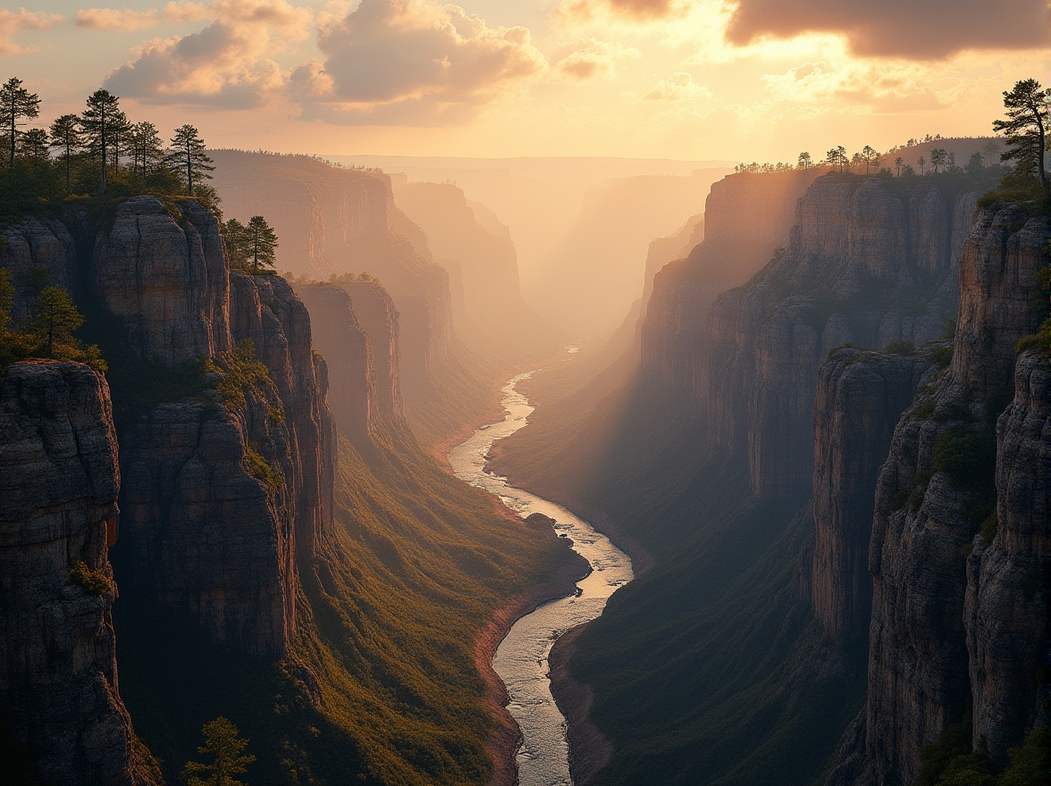 Prompt: Canyon landscape, majestic grandeur, golden hour, warm sunlight casting long shadows, vast expanse of rugged terrain, layered rock formations, steep cliffs, winding river flowing gently, lush green vegetation, tall trees standing sentinel, dramatic clouds gathering on the horizon, atmospheric mist rising from the depths, detailed rocky textures, natural erosion patterns, serene ambiance, panoramic view, ultra-high resolution, cinematic composition, soft warm lighting.