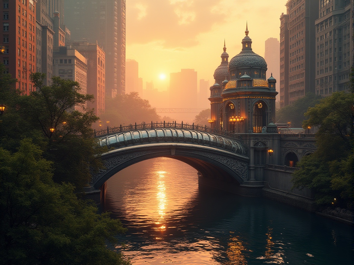 Prompt: Art Deco bridge, luxurious, ornate, metallic structure, curved lines, geometric patterns, shiny chrome accents, intricate details, urban cityscape, sunset time, warm golden light, misty atmosphere, river flowing underneath, lush greenery on banks, elegant lamps lining the bridge, symmetrical composition, low-angle shot, cinematic lighting, high contrast, dramatic shadows.