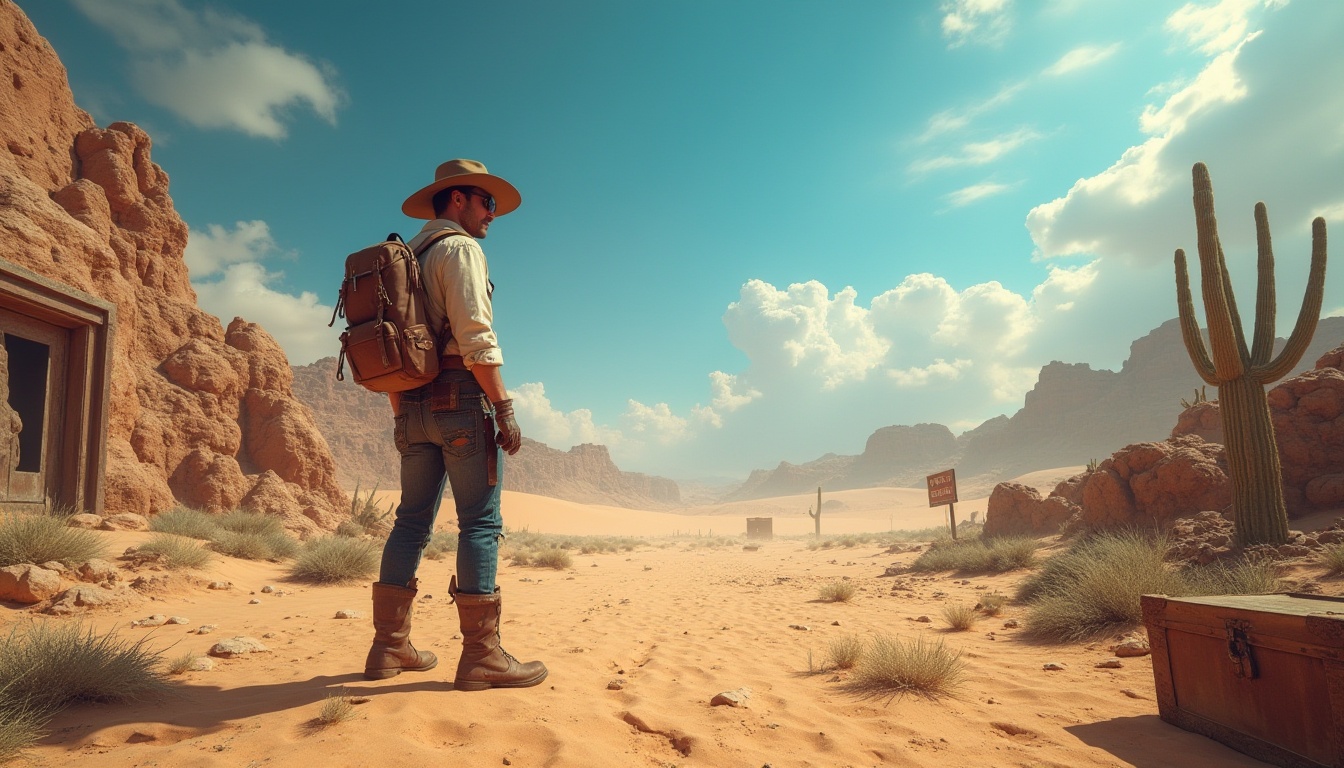 Prompt: Desert environment, vast sandy dunes, clear blue sky, scorching sun, cacti scattered, rocky formations, abandoned old ruins, mysterious ancient artifacts, treasure chests, worn leather boots, traveler's backpack, wide-brimmed hat, sunglasses, dusty cloth, ripped jeans, torn gloves, weathered wooden signs, rusty metal gates, sandstorm brewing, dramatic clouds, low-angle shot, warm color palette, cinematic composition.