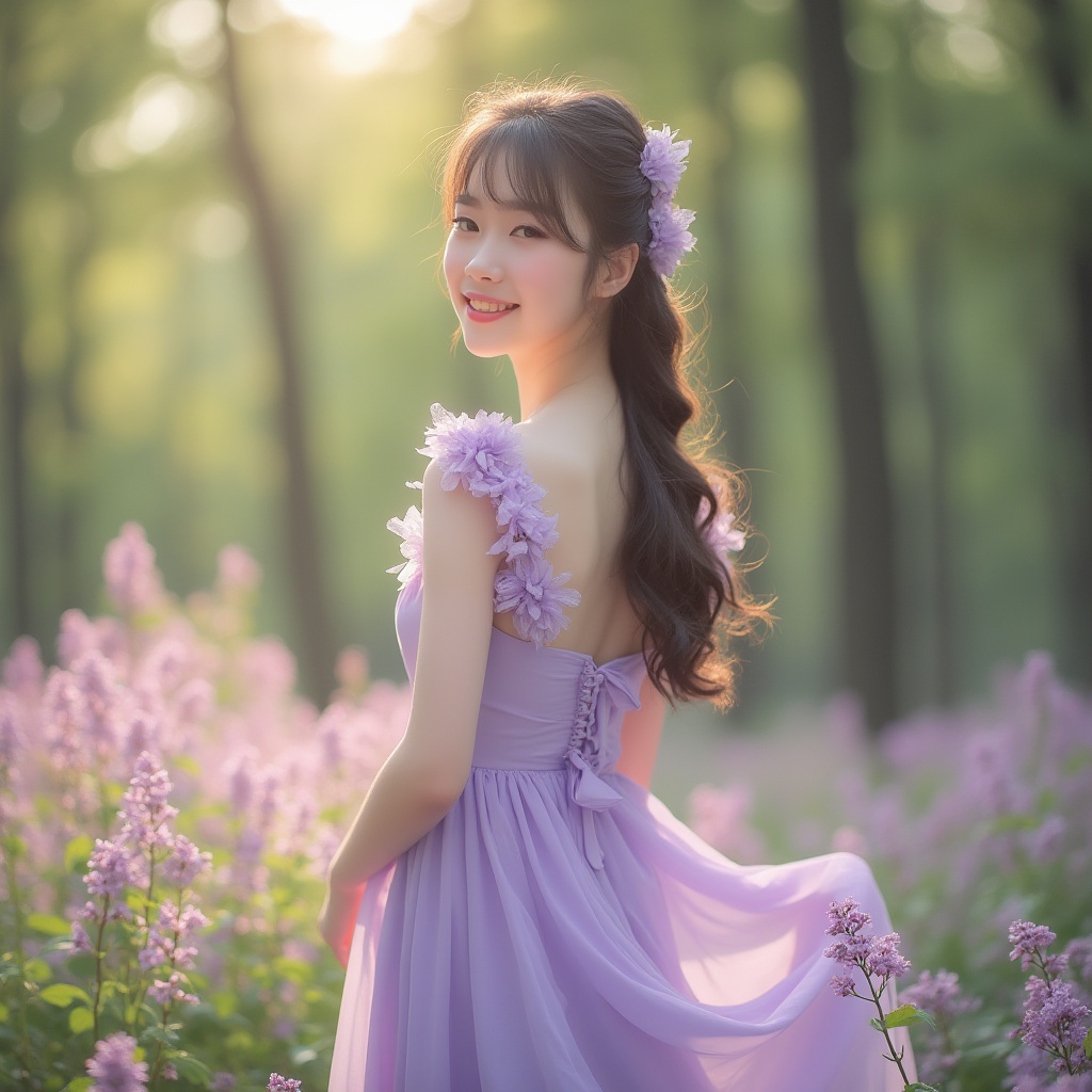 Prompt: Lilac-colored dress, flowing chiffon fabric, gentle ruffles, sweetheart neckline, cap sleeves, delicate lace trim, pastel lilac hair clips, soft curly hairstyle, natural makeup, subtle blush, gentle smile, peaceful atmosphere, serene background, blooming lilac flowers, greenery surroundings, warm sunlight filtering through trees, soft focus, shallow depth of field, dreamy ambiance, 3/4 composition.