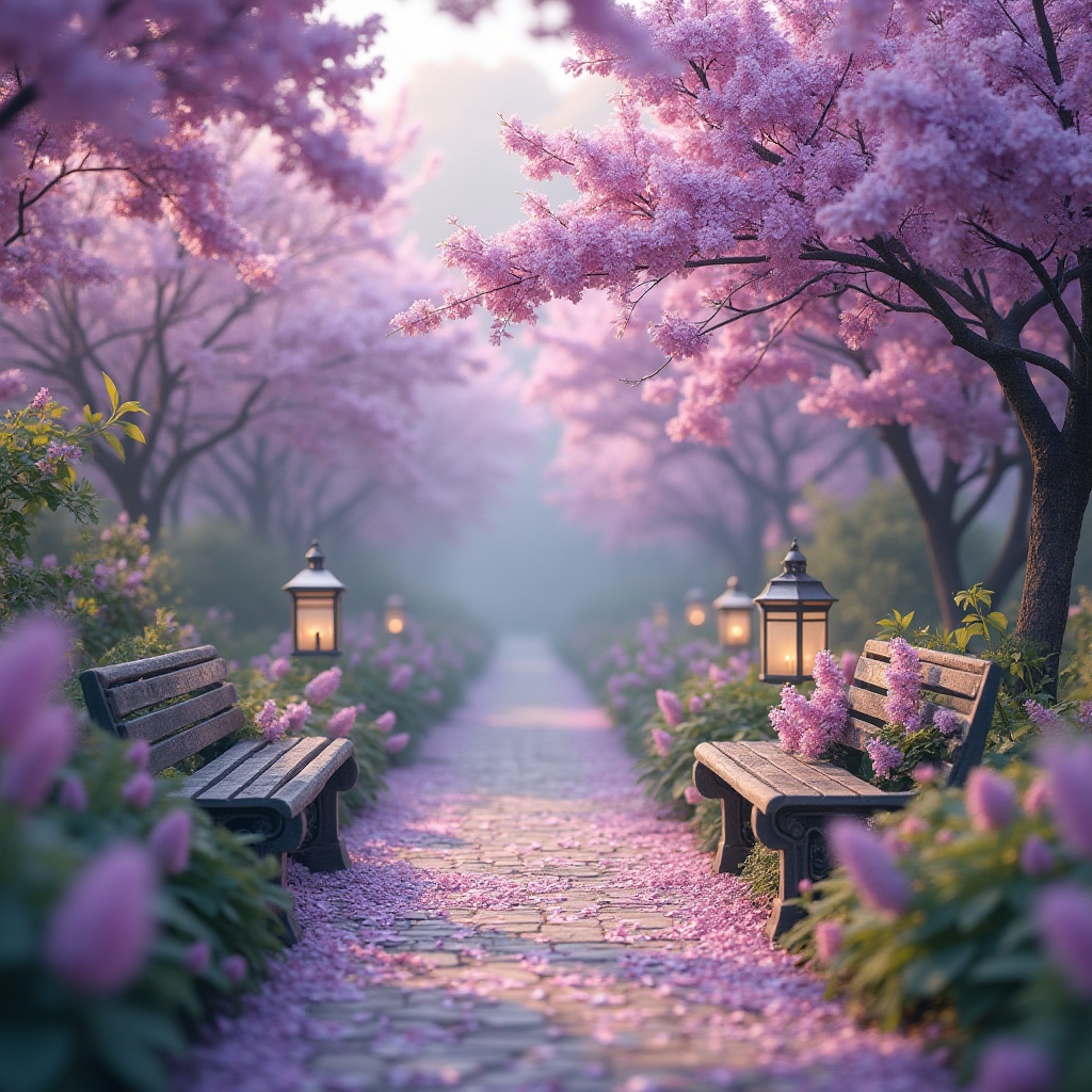 Prompt: Lilac-inspired scenery, serene atmosphere, pastel lilac hues, gentle mist, soft focus, warm lighting, blooming lilac flowers, delicate petals, lush greenery, garden benches, tranquil water features, peaceful pathways, vintage lanterns, subtle textures, dreamy ambiance, 3/4 composition, shallow depth of field.