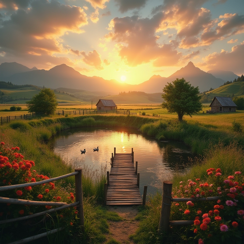 Prompt: Rural landscape, sunset time, rolling hills, green pastures, old wooden fences, wildflowers blooming in vibrant colors, a small serene lake, few ducks swimming lazily, a rustic wooden dock, distant misty mountains creating a cinematic backdrop, warm soft ambient lighting, golden hour, panoramic view, 3/4 composition, depth of field, realistic, HDR, fish eye lens.