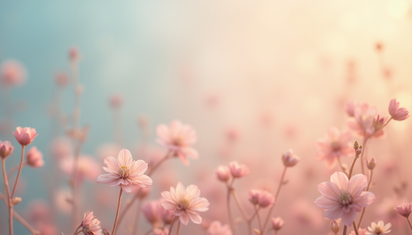 Prompt: Vibrant color palette, cohesive design, 5-color scheme, pastel pink, soft peach, calming blue, creamy white, rich brown, gradient effect, subtle texture, abstract composition, artistic expression, dreamy atmosphere, warm lighting, shallow depth of field, gentle bokeh, delicate petals, natural scenery, whimsical feel.