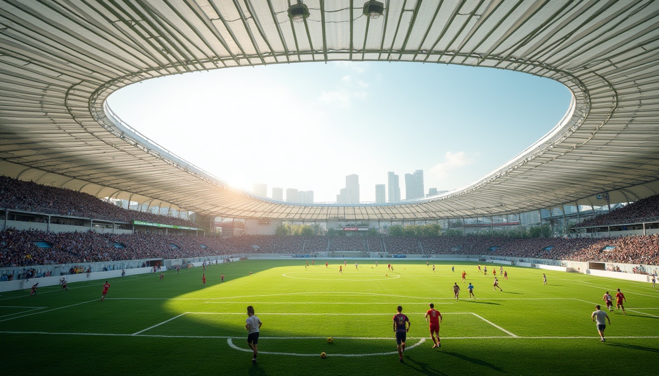 Prompt: Modern stadium, polyethylene material, translucent roofing, corrugated structure, reinforced framework, durable and waterproof, natural light filtering, subtle shadows, afternoon sun, bright ambiance, vibrant green grass, athletic tracks, soccer players running, cheering crowd, urban landscape, skyscrapers in the distance.