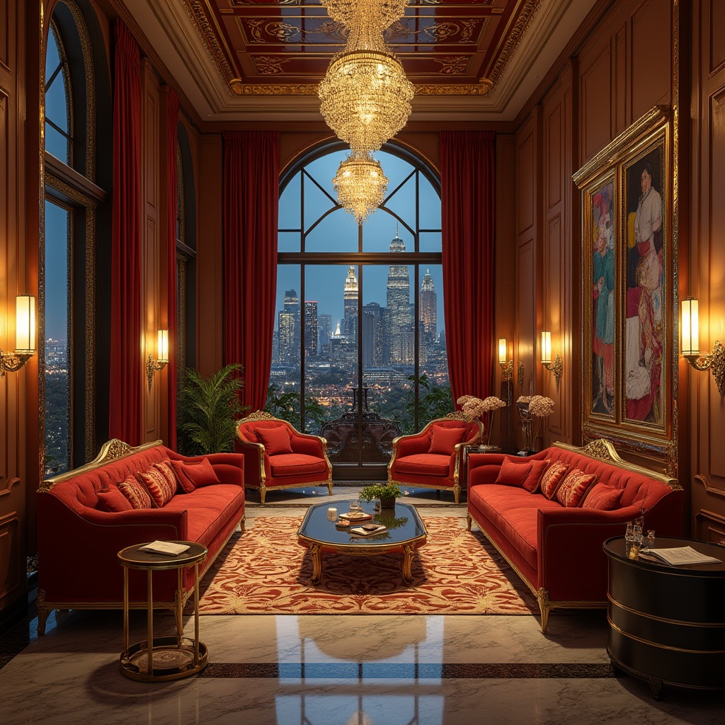 Prompt: Luxurious interior, Art Deco style, ornate mirrors, geometric patterns, metallic accents, lavish chandeliers, marble floors, velvet sofas, bold color schemes, luxurious fabrics, intricate moldings, opulent curtains, grand pianos, vintage posters, urban skyscraper, nighttime cityscape, warm golden lighting, cinematic composition.