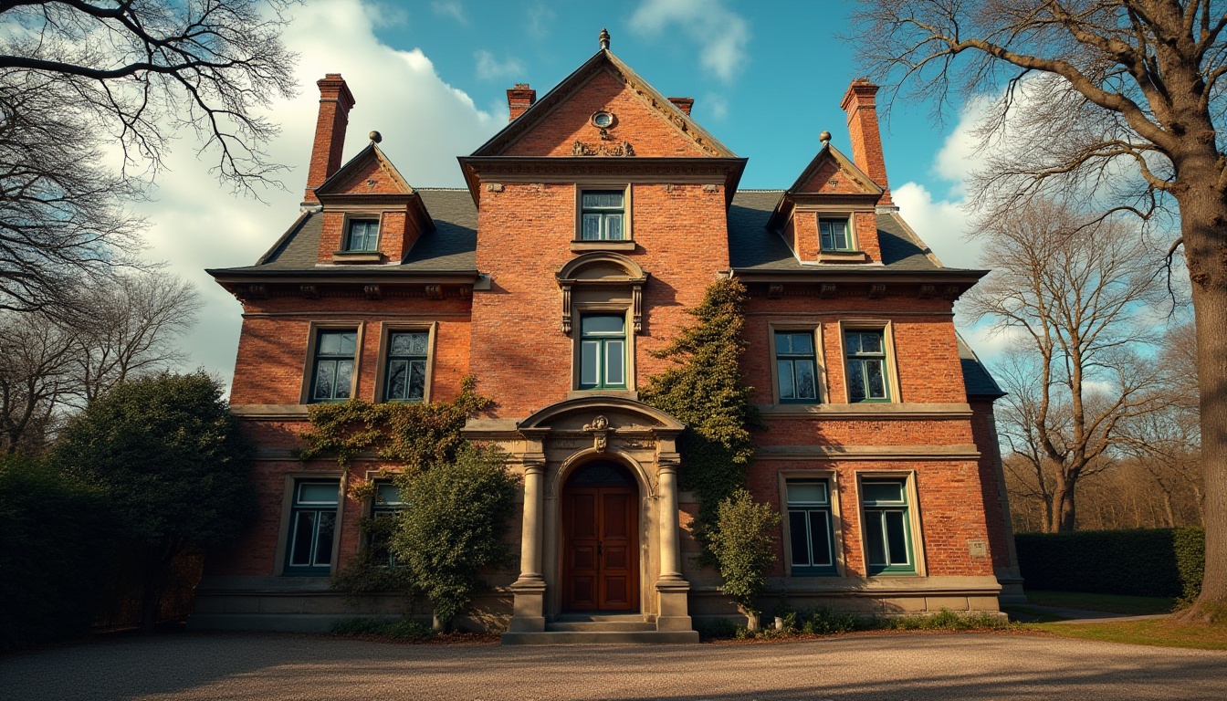 Prompt: Classic building, brick material, traditional European architecture, rustic texture, reddish-brown color, ornate decorations, grand entrance, symmetrical facade, tall windows, ivy-covered walls, old trees surrounding, cloudy blue sky, warm sunlight casting long shadows, 3/4 composition, natural lighting, cinematic mood.