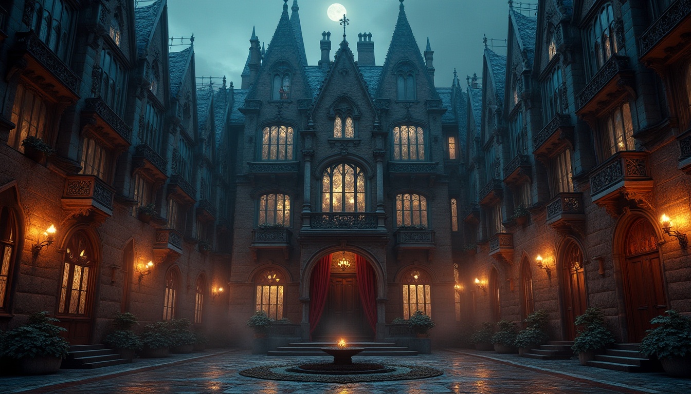 Prompt: Gothic-style hotel, grand entrance, pointed arches, ribbed vaults, flying buttresses, ornate stone carvings, stained glass windows, majestic chandeliers, luxurious velvet drapes, mysterious candlelit corridors, intricate ironwork, lavish furnishings, imposing wooden doors, eerie atmosphere, misty night, moonlight casting dramatic shadows, cinematic composition, high contrast lighting, 3/4 view.