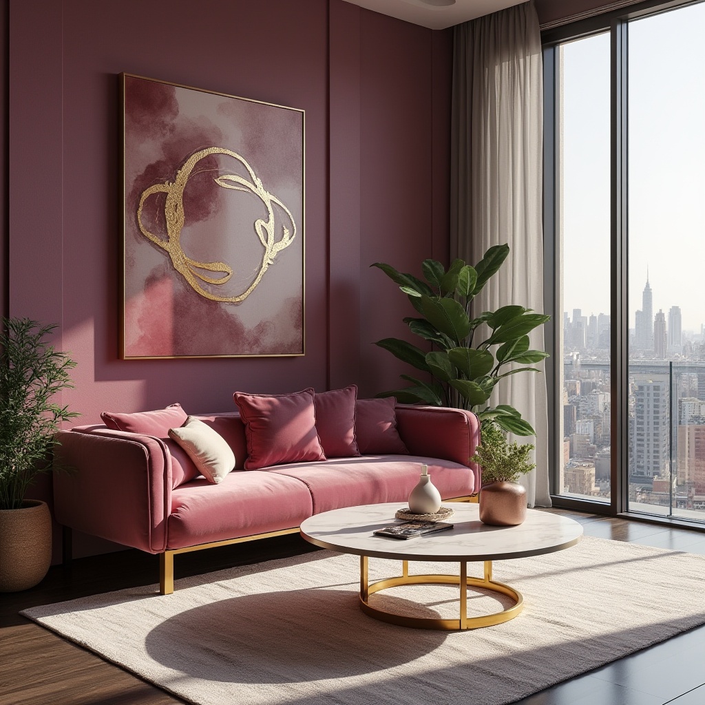 Prompt: Modern, luxurious living room, orchid color accent wall, velvet sofa, golden metal legs, abstract art piece, marble coffee table, exotic plants, floor-to-ceiling windows, urban cityscape view, 3/4 composition, warm softbox lighting, shallow depth of field, cinematic ambiance.