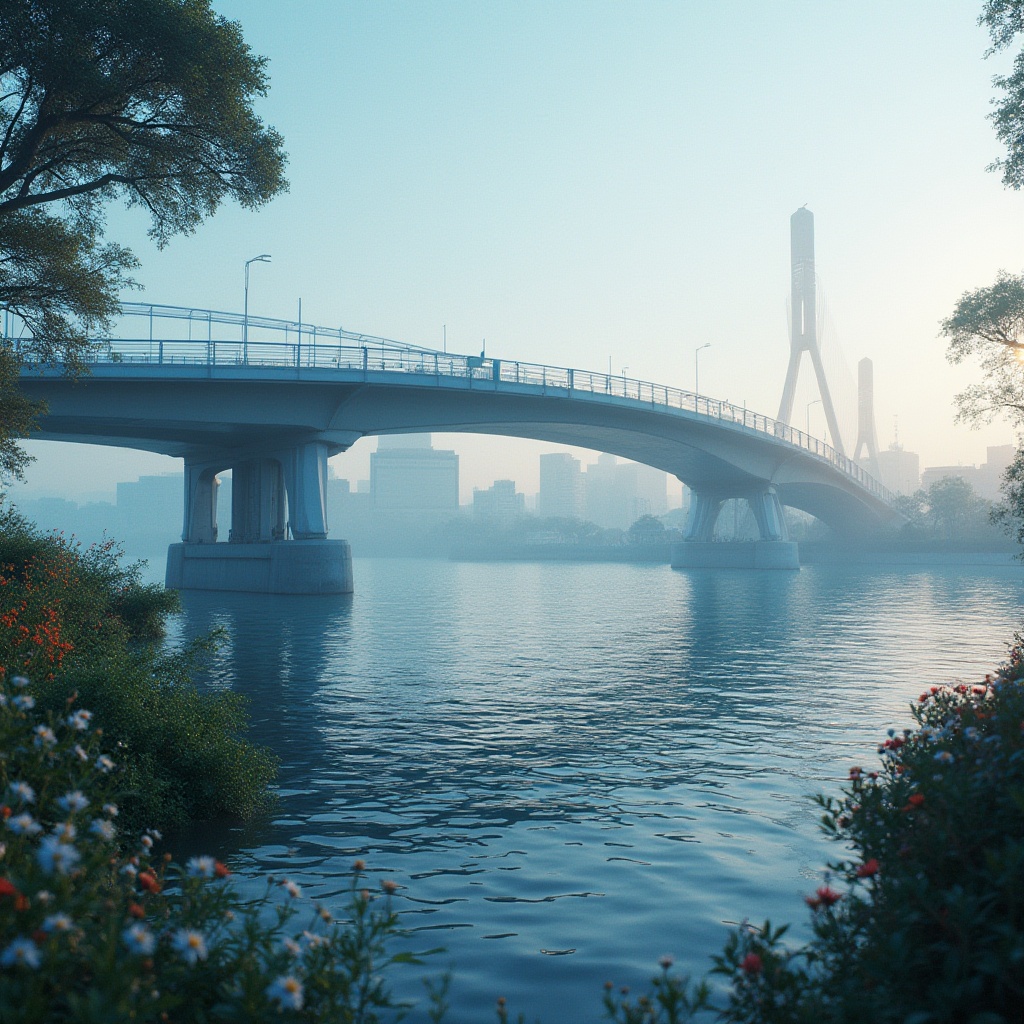 Prompt: Periwinkle blue bridge, modern architecture, sleek lines, minimalist design, river crossing, cityscape background, urban atmosphere, gentle mist, soft focus, warm lighting, late afternoon, 3/4 composition, low-angle shot, dramatic shadows, steel beams, concrete pillars, pedestrian walkway, subtle texture, reflective water surface, rippling waves, lush greenery, vibrant flowers.