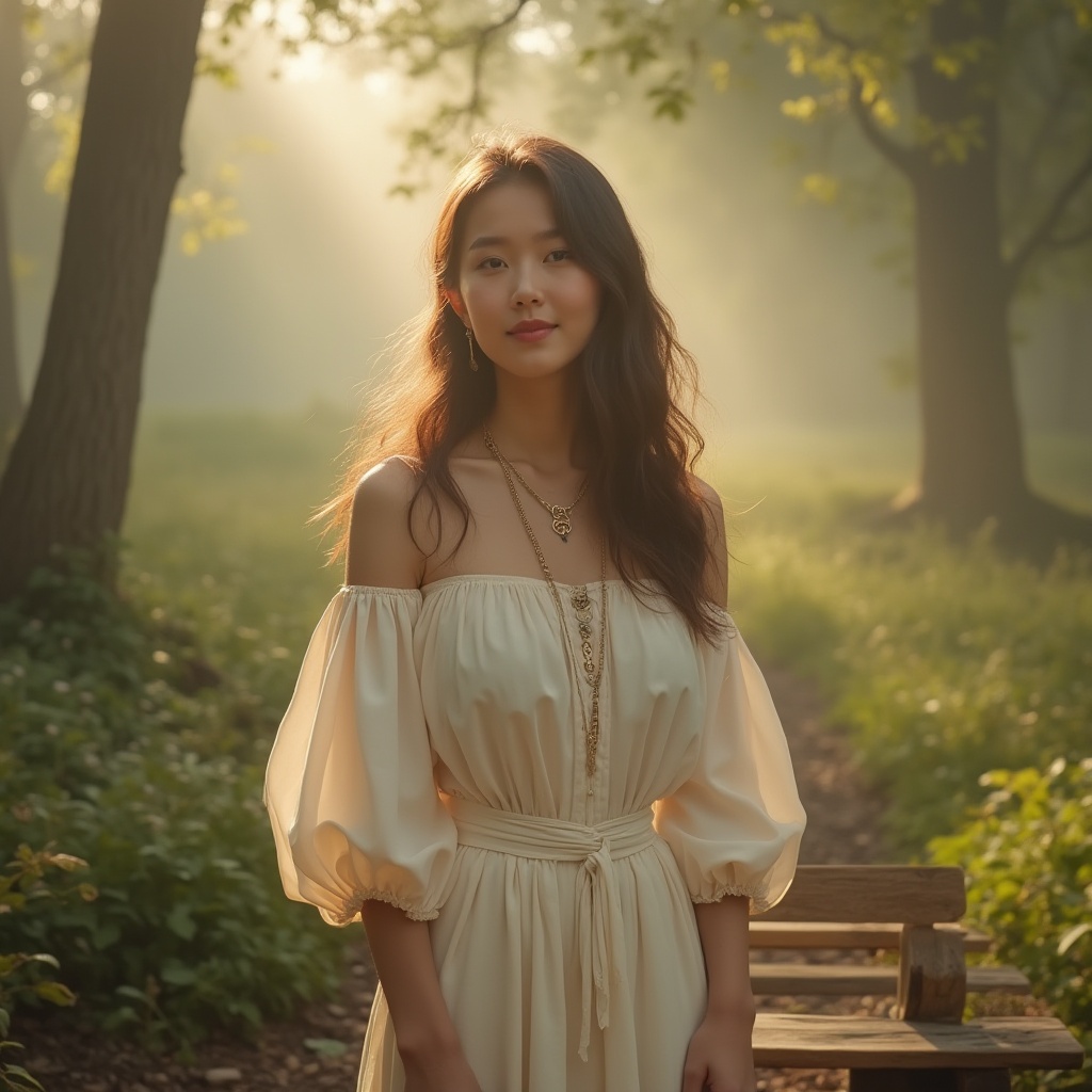 Prompt: Soft, serene atmosphere, warm beige Gainsboro color tone, gentle gradient effect, subtle texture, elegant woman, 25yo, long wavy hair, natural makeup, soft blush, gentle smile, white off-shoulder blouse, high-waisted flowing maxi skirt, layered necklace, bare feet, peaceful forest, misty morning, soft sunlight filtering through trees, lush greenery, wooden bench, vintage camera, natural composition, warm lighting, cinematic mood.