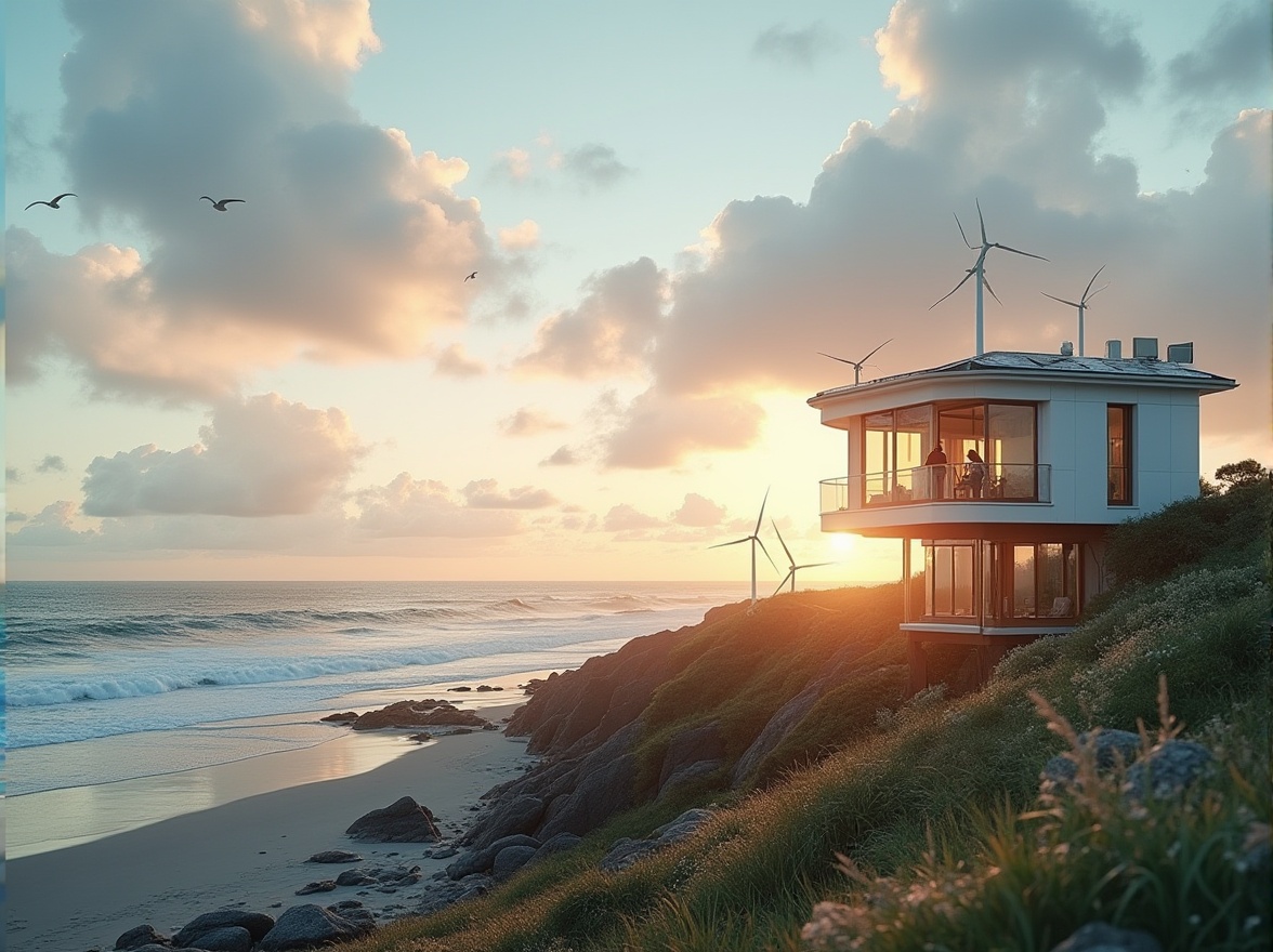 Prompt: Coastal watching tower, sustainability, eco-friendly, modern architecture, minimalism, white walls, large windows, wooden floors, solar panels, wind turbines, green roofs, recyclable materials, beachside, ocean view, sunset time, soft warm lighting, dramatic clouds, seagulls flying overhead, waves crashing against the shore, gentle sea breeze, 3/4 composition, panoramic view, ambient occlusion, cinematic mood.