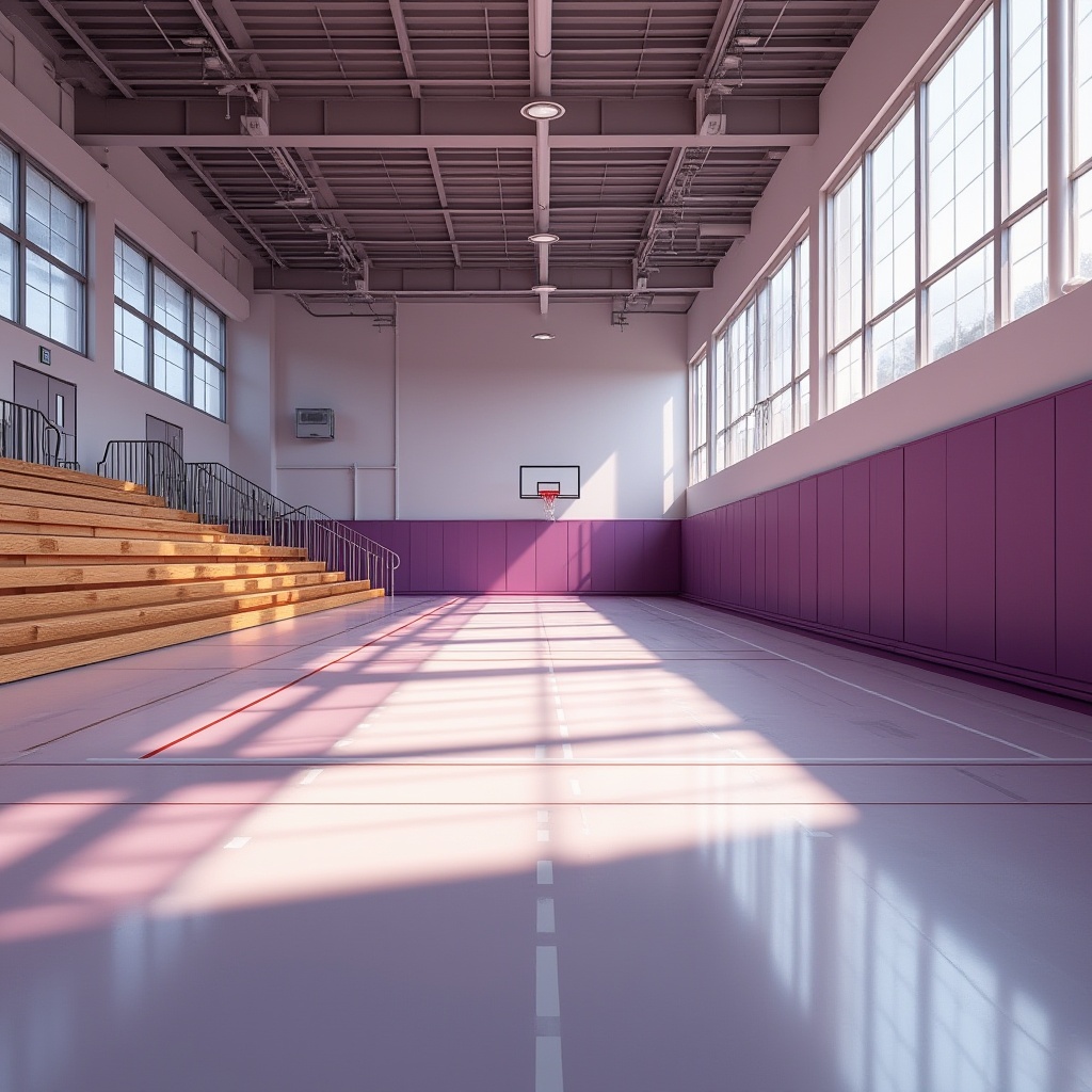 Prompt: Plum color accents, gymnasium interior, modern architecture, high ceilings, large windows, natural light pouring in, rows of wooden benches, athletic tracks, basketball hoops, metal railings, plum-colored walls, dynamic contrast with white floors, vibrant atmosphere, youthful energy, 3/4 composition, panoramic view, soft lighting, morning sunbeams, shallow depth of field, realistic rendering.