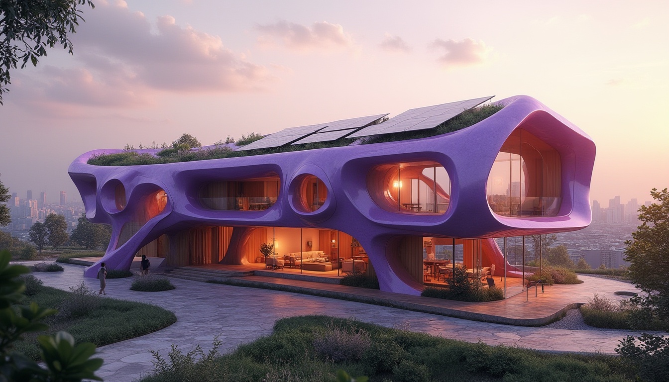 Prompt: Purple amethyst color, sustainable architecture, eco-friendly building, modern design, green roof, solar panels, recycled materials, energy-efficient, minimalist interior, wooden accents, natural light, open space, panoramic view, cityscape background, urban renewal, innovative structure, geometric shape, abstract composition, warm lighting, afternoon sun, dramatic shadow, cinematic mood.