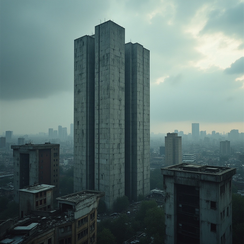 Prompt: Brutalist architecture, urban landscape, concrete jungle, rough texture, industrial atmosphere, fortress-like building, narrow windows, brutalist skyscraper, cityscape, metropolitan area, cloudy sky, dramatic lighting, low-angle shot, cinematic composition, 3/4 view, depth of field, high contrast, gritty tone.