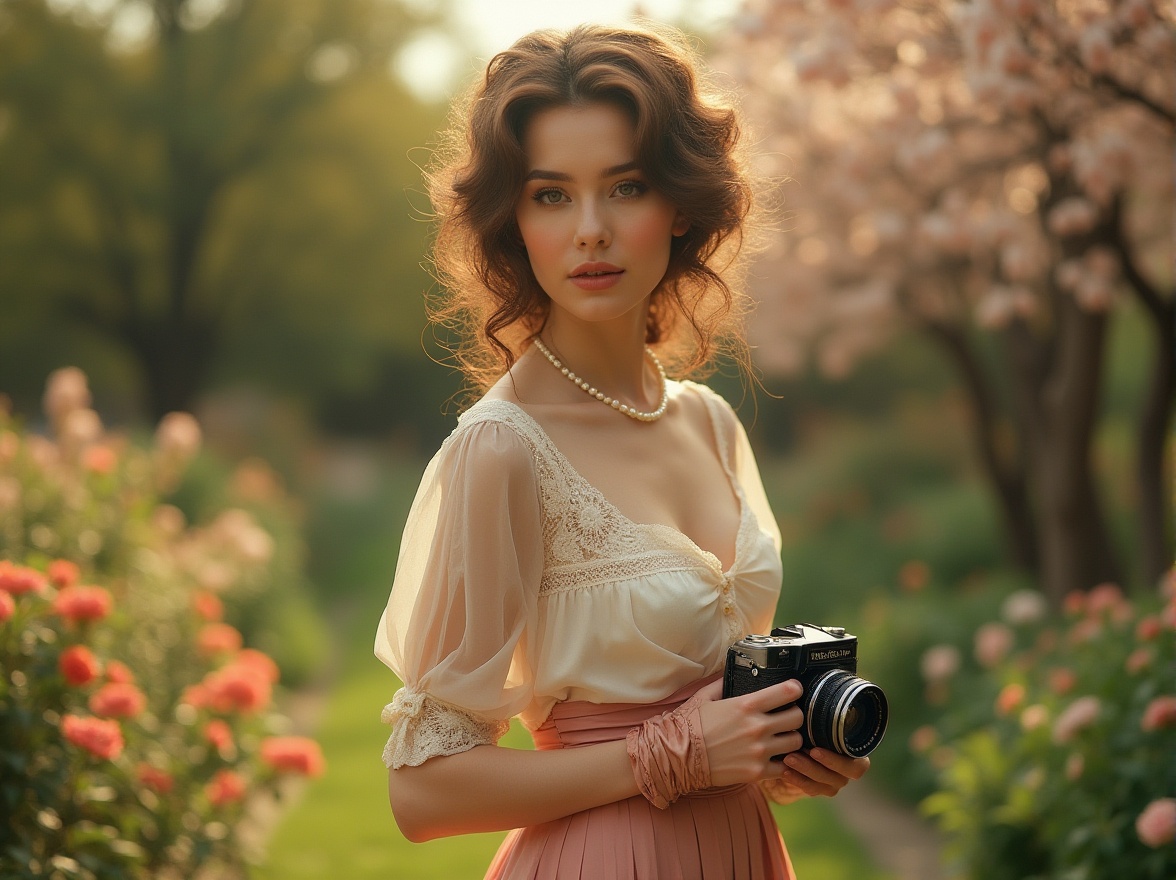 Prompt: Vintage-inspired scene, warm Gainsboro color palette, soft pastel hues, gentle gradient effect, elegant lady, 25yo, curly brown hair, subtle makeup, pearl necklace, lace blouse, high-waisted long skirt, satin gloves, holding a vintage camera, standing in a blooming garden, lush greenery, old trees, flower beds, warm sunlight, soft focus, cinematic composition, 3/4 view, shallow depth of field, romantic atmosphere.