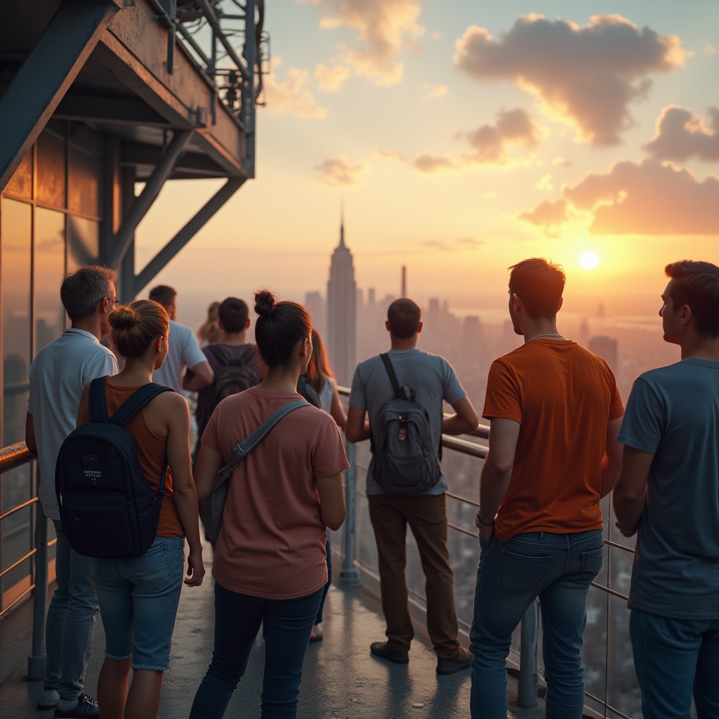 Prompt: A group of friends, diverse ages, casual wear, standing, chatting, laughing, community engagement, watching towers, skyscrapers, cityscape, sunset time, warm lighting, vibrant colors, dynamic composition, urban atmosphere, modern architecture, steel beams, glass windows, concrete foundation, observation deck, handrail, urban jungle, soft focus background, cinematic mood.