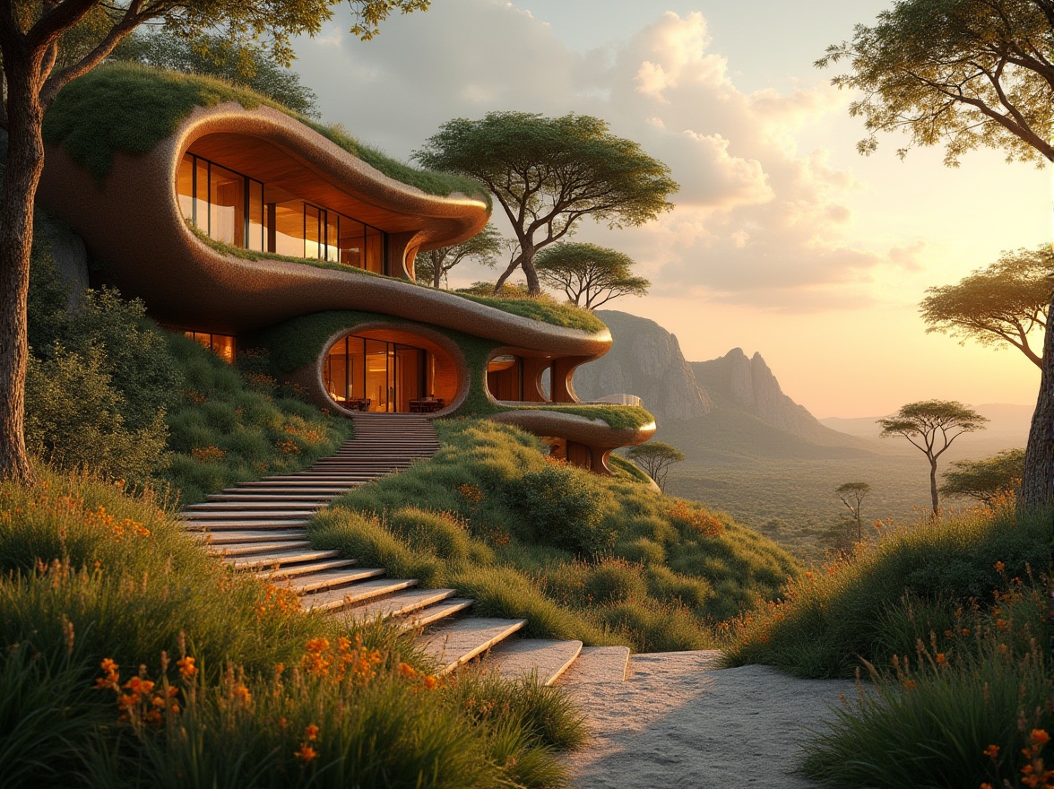 Prompt: Savanna-inspired, organic architecture, futuristic, eco-friendly, curved lines, natural materials, wood accents, green roof, lush vegetation, winding staircases, open spaces, panoramic views, African savanna landscape, acacia trees, wildflowers, sunset, warm golden light, soft shadows, 3/4 composition, atmospheric perspective, cinematic lighting.