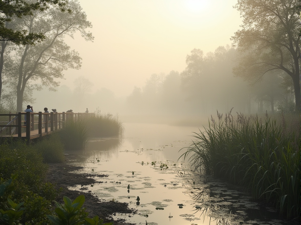 Prompt: Wetland ecosystem, misty morning, fog rolling over calm waters, lush greenery, cattails, water lilies, muddy shores, wooden boardwalk, rustic railings, observation deck, birdwatchers with binoculars, serene atmosphere, soft diffused light, natural colors, warm beige tones, subtle reflections on the water surface, gentle ripples, 3/4 composition, shallow depth of field, cinematic ambiance.