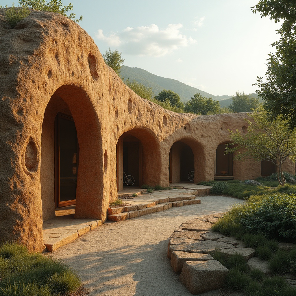 Prompt: Earthy tone rammed earth wall, modern sustainable design, natural materials, rustic texture, uneven surface, organic form, curved lines, green roof, lush vegetation, eco-friendly architecture, villa setting, rural landscape, warm lighting, soft focus, shallow depth of field, natural ambiance, calm atmosphere.