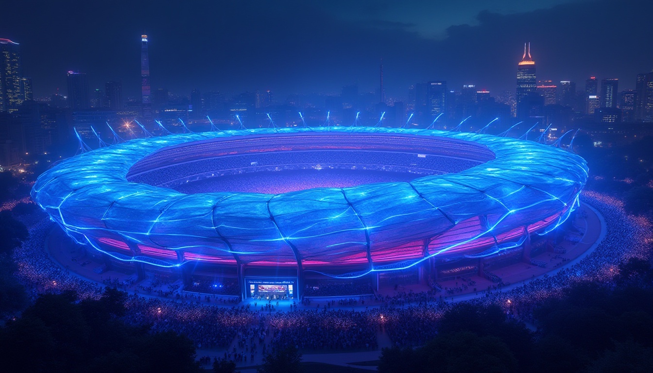 Prompt: Stadium design, blue violet color scheme, modern architecture, sleek lines, futuristic vibe, vibrant LED lights, dynamic atmosphere, excited crowd, cheering fans, sports event, night time, panoramic view, 3/4 composition, soft focus on background, sharp focus on foreground, high contrast lighting, dramatic shadows, metallic materials, smooth curves, geometric shapes, grand scale, imposing structure, urban landscape.