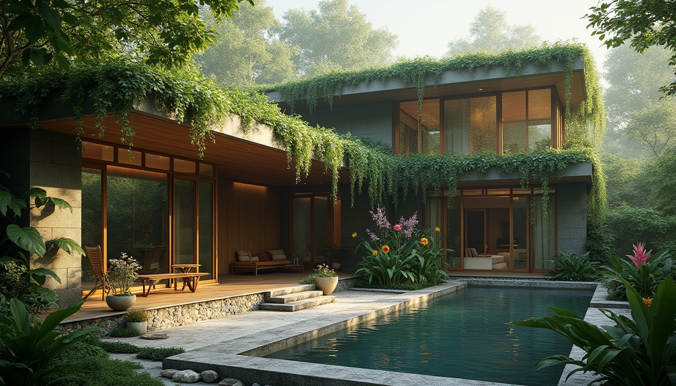 Prompt: Modern Bauhaus villa, surrounded by lush greenery, large windows, minimalist interior, wooden floors, sleek lines, merging with nature, overgrown plants on walls and roof, vines crawling up pillars, natural stone foundation, waterfall feature wall, tropical flowers in planters, morning dew, soft misty lighting, 3/4 composition, cinematic ambiance, warm color palette.