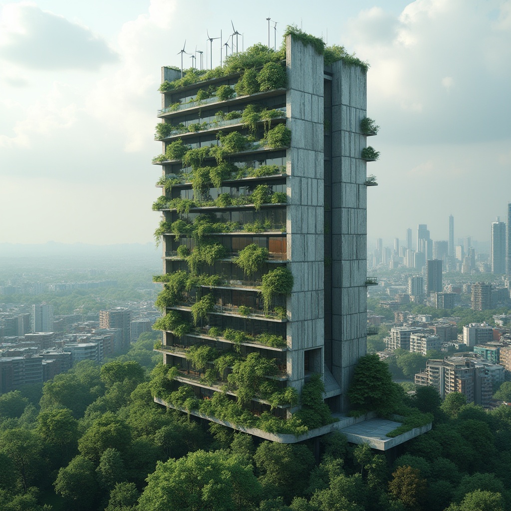 Prompt: Brutalist skyscraper, sustainable design, green walls, living walls, vertical garden, solar panels, wind turbines, rainwater harvesting system, recycled materials, concrete structure, industrial windows, urban jungle, cityscape, modern architecture, eco-friendly, futuristic, minimalist, sleek lines, geometric shapes, 3/4 composition, dramatic lighting, cloudy sky, birds' eye view.