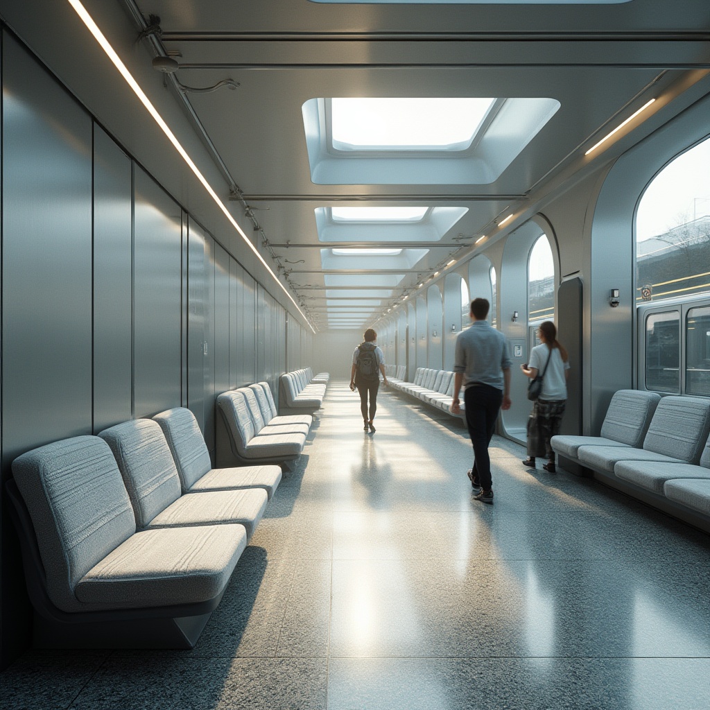 Prompt: Modern metro station interior, futuristic ambiance, sleek lines, LED lighting, stainless steel pillars, granite floor, comfortable seating area, people walking in hurry, rush hour scene, 45-degree angle shot, natural light pouring from above, soft shadows, neutral color palette, durable and stain-resistant fabric for seats, velvety texture, subtle grid pattern, fire-retardant material, easy to clean, minimalist design, urban feel, busy atmosphere, afternoon time.