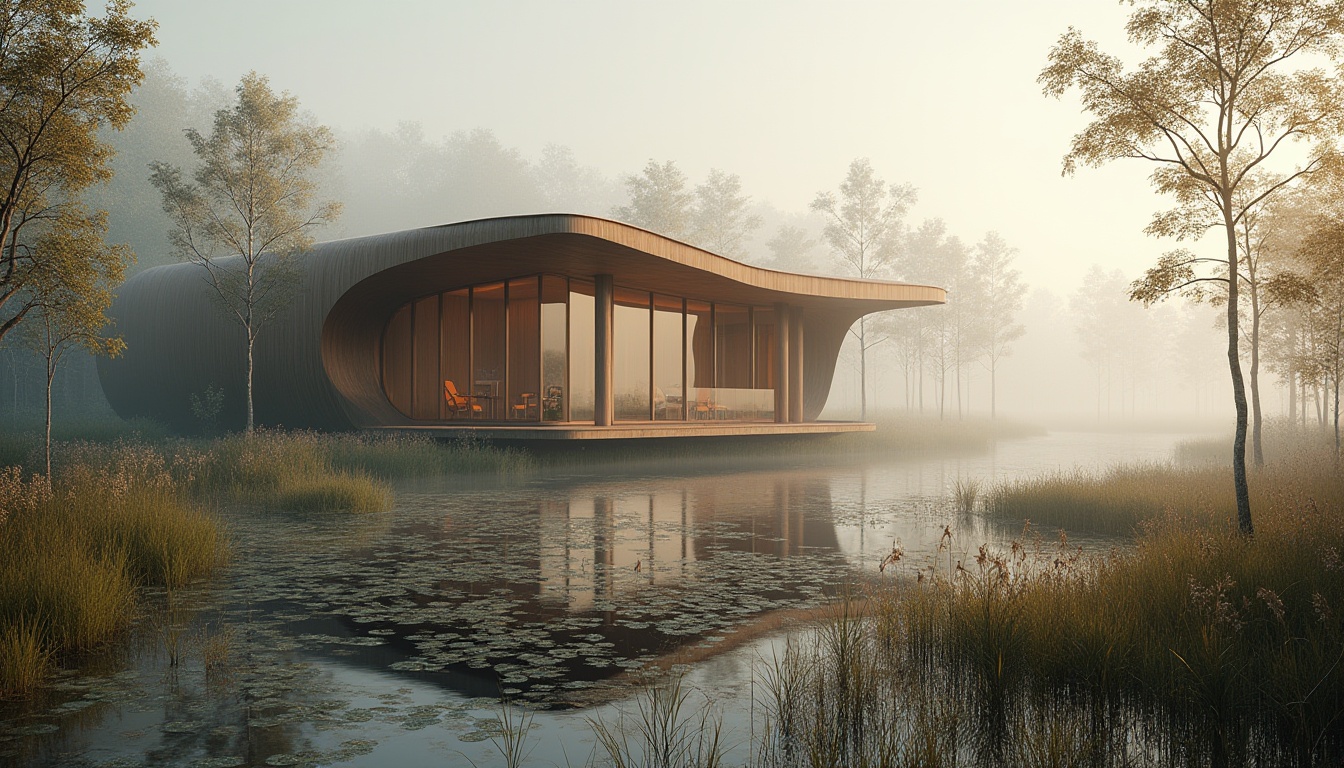 Prompt: Wetland architecture, modern eco-friendly building, bronze color accents, natural materials, wooden pillars, curved lines, large windows, panoramic view, reflection of surrounding wetlands, subtle lighting, misty atmosphere, water lilies, cattails, rushes, mangroves, shallow waters, muddy shores, gentle breeze, serene ambiance, 3/4 composition, warm softbox lighting.