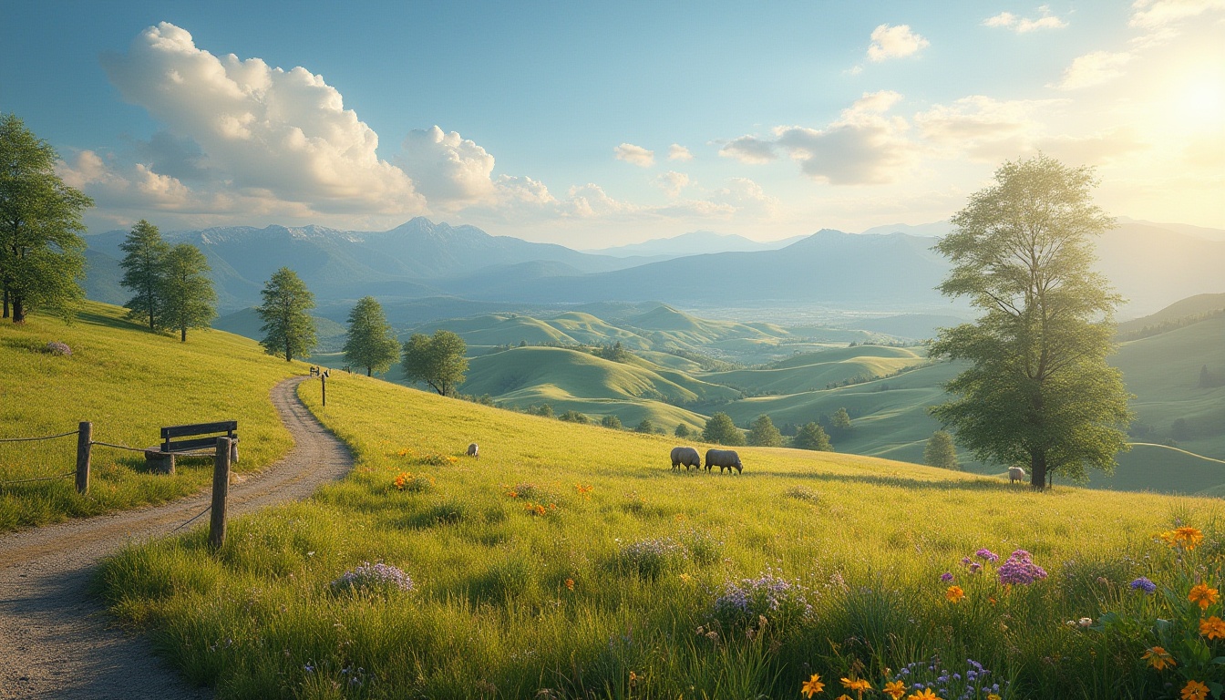 Prompt: Rolling hills, vast grasslands, sunny afternoon, clear blue sky with puffy white clouds, gentle breeze, wildflowers blooming in vibrant colors, tall trees scattered across the landscape, wooden fence posts, winding dirt path, rustic stone benches, grazing sheep or cows, distant mountains creating a serene backdrop, warm and soft ambient lighting, golden hour, 3/4 composition, panoramic view.