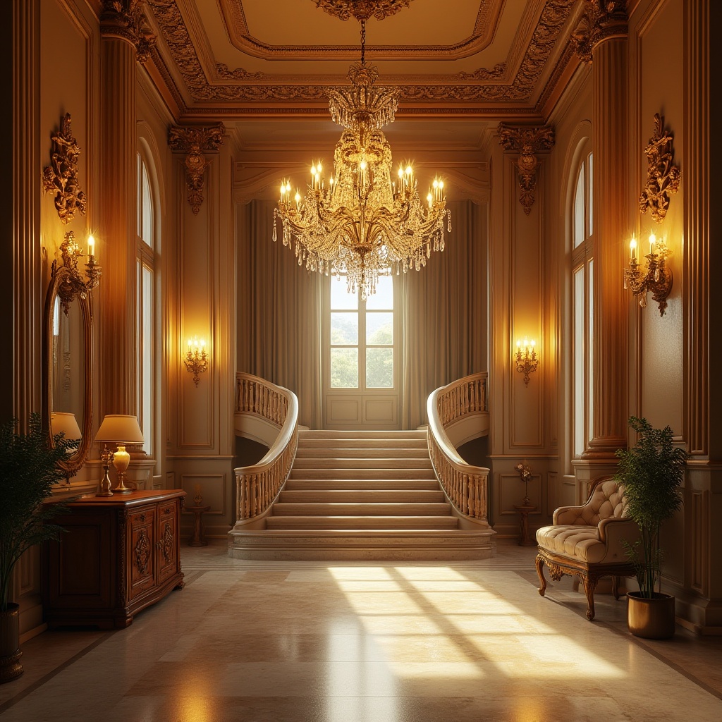 Prompt: Classic interior, luxurious chandelier, ornate metalwork, crystal droplets, warm yellow lighting, grand staircase, marble floor, tall windows, velvet curtains, antique furniture, rich wood tone, carved wooden panel, elegant lampstands, softbox lights, subtle shading, 3/4 composition, realistic texture, cinematic ambiance.