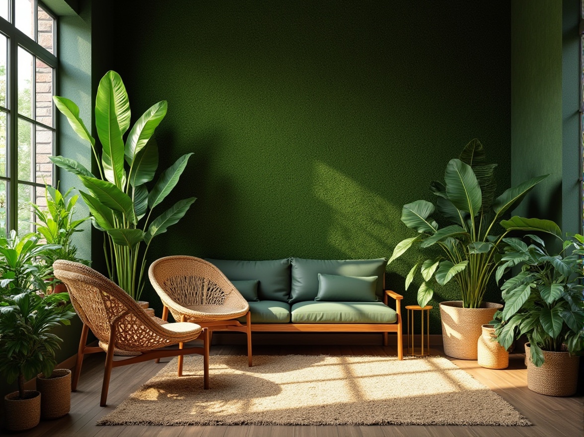 Prompt: green color schemes, indoor plants, lush foliage, natural ambiance, calming atmosphere, wooden furniture, rattan chairs, woven baskets, earthy tones, moss walls, living room, morning light, soft shadows, 3/4 composition, warm and cozy lighting.