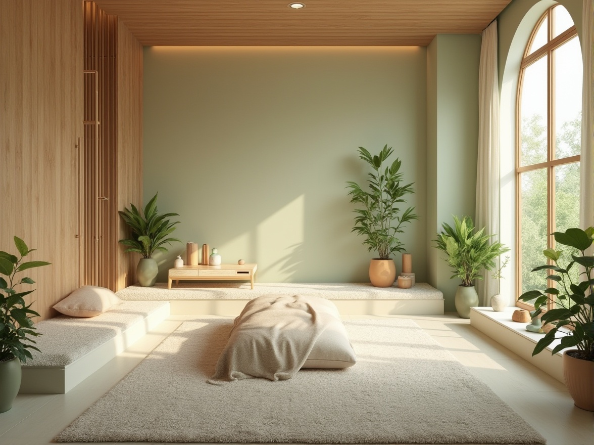 Prompt: Calming healing environment, serene atmosphere, pastel color palette, soft lighting, minimalist decor, natural materials, wooden accents, plants, green walls, comfortable seating, cozy textiles, plush carpets, warm ambiance, relaxation area, peaceful retreat, nature-inspired design, organic shapes, earthy tones, calming soundscapes.