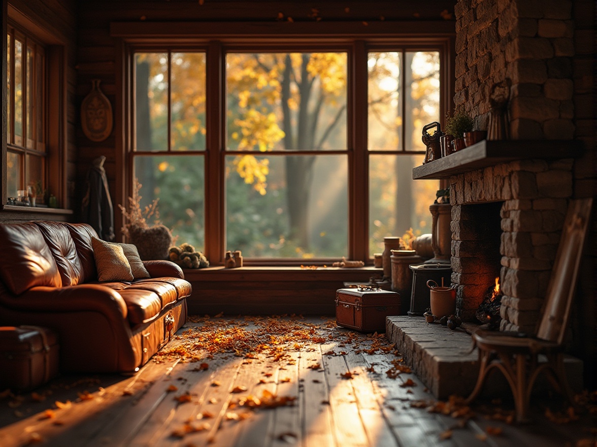 Prompt: Brown color, earthy tone, warm atmosphere, natural wood texture, leather upholstery, vintage suitcase, antique furniture, rustic cabin, wooden wall, stone fireplace, cozy reading nook, autumn forest, fallen leaves, soft sunlight filtering through trees, 3/4 composition, shallow depth of field, warm lighting, film grain.