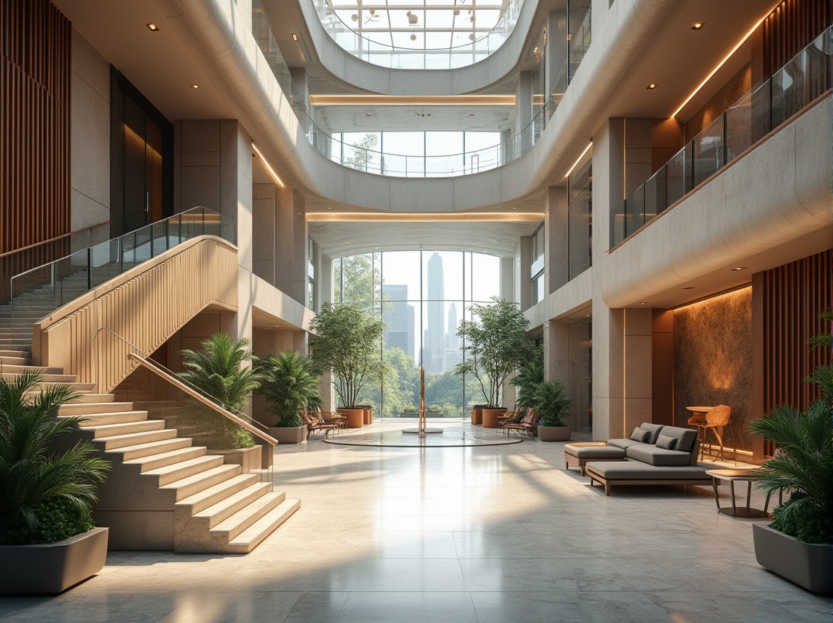 Prompt: Modern courthouse, fusion architecture, grand staircase, marble floors, sleek glass handrails, wooden accents, high ceilings, natural light, atrium, lush greenery, water features, abstract art installations, comfortable seating areas, advanced technology integration, city skyline views, bustling urban environment, morning light, soft focus, cinematic composition, symmetrical framing.